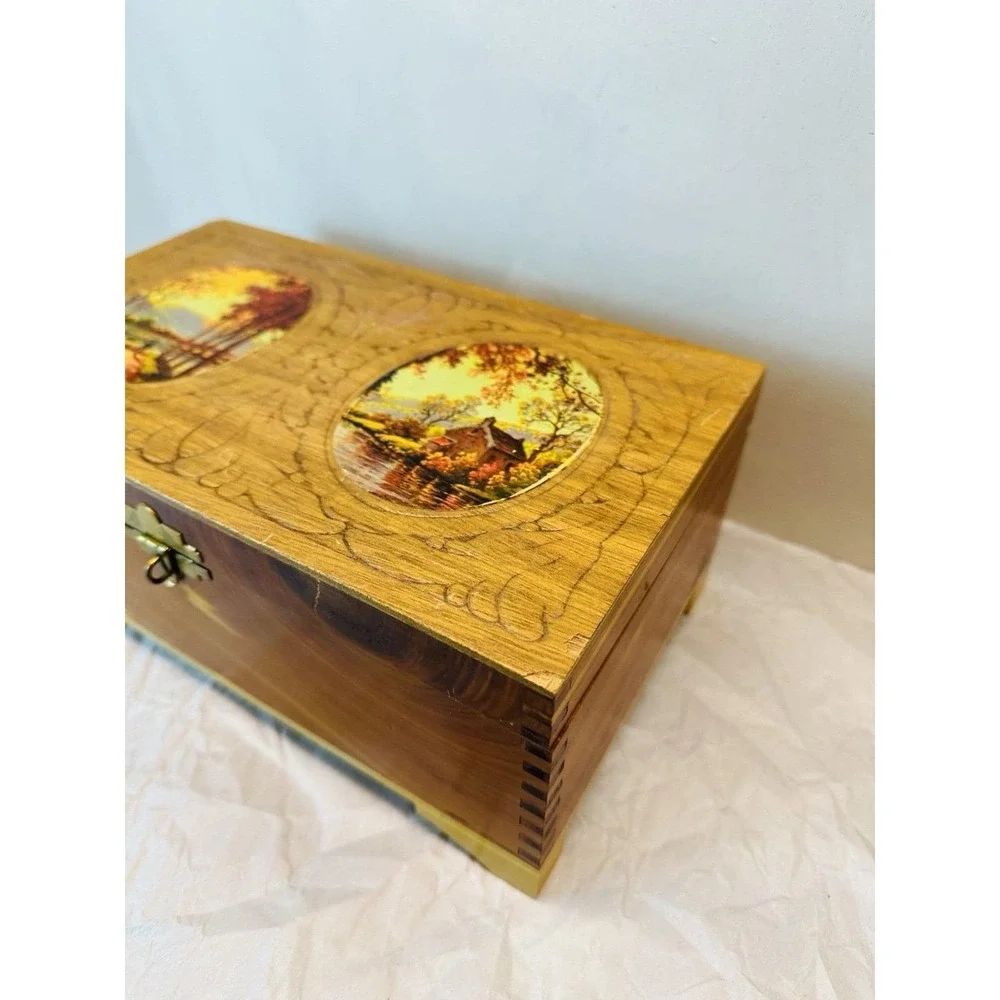 Vintage Cedar Jewelry box with carved and fall decopage lid, mirror inside